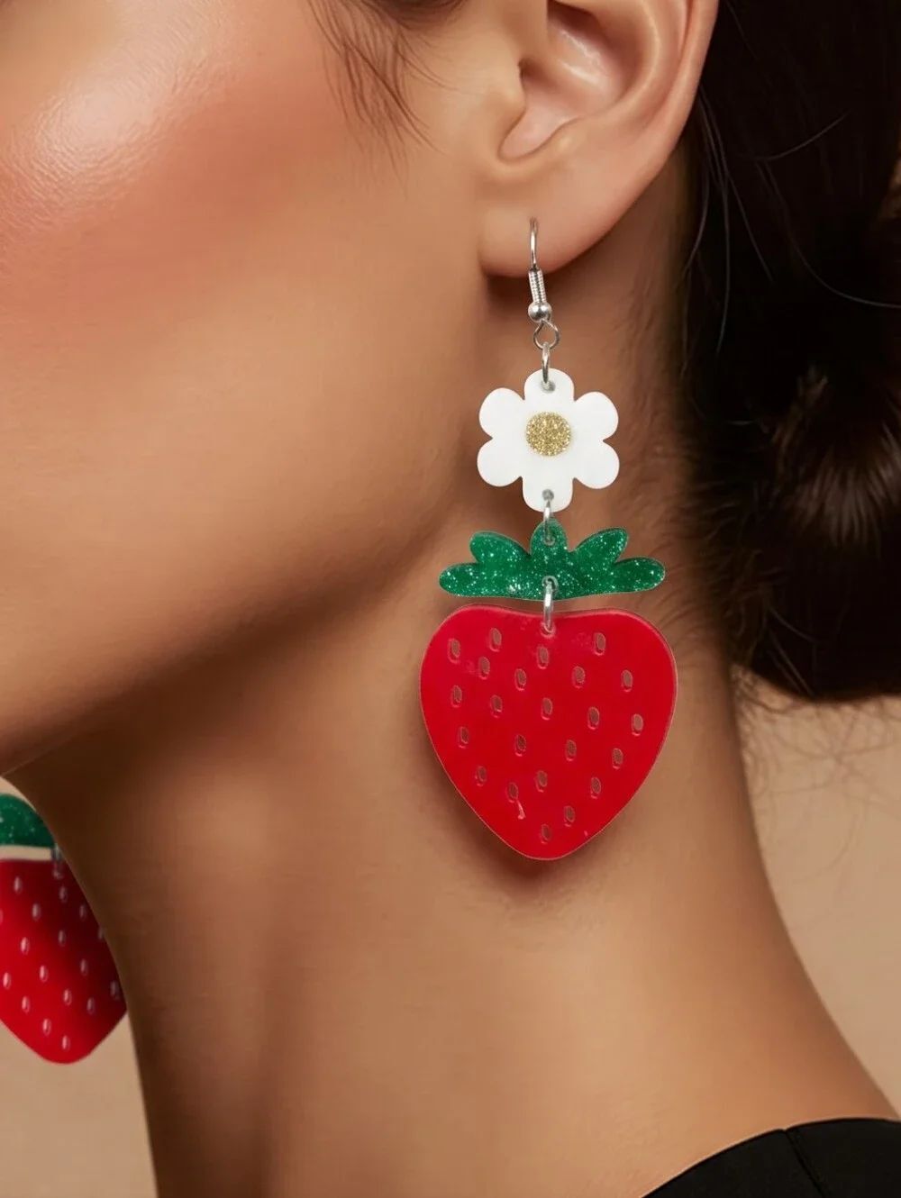 Strawberry Flower Dangle Earrings Cute Acrylic Berrycore Cottagecore Kawaii